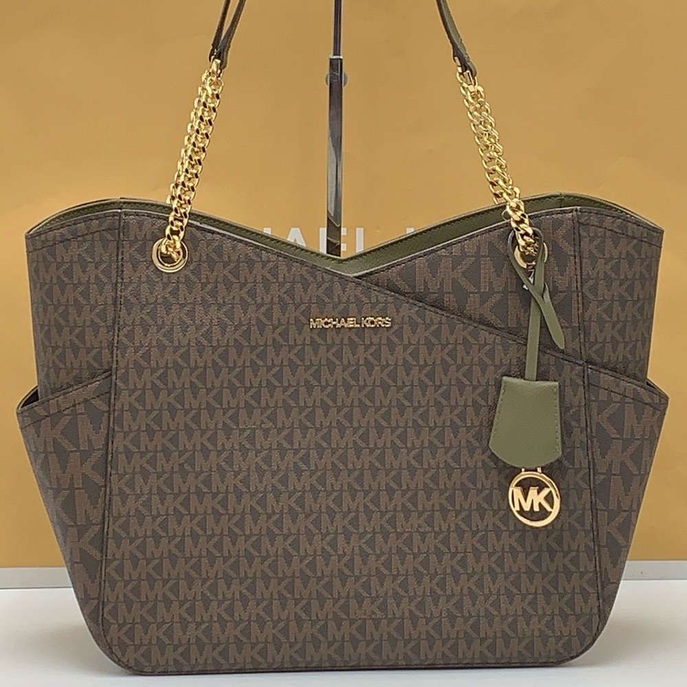 MICHAEL KORS 
Jet Set Large Logo Tote Chain Shoulder Bag 
COLOR OLIVE 
NWT - Picture 3 of 16